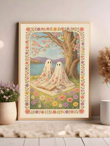 Framed floral ghost picnic art with books and tea beside a blossom tree