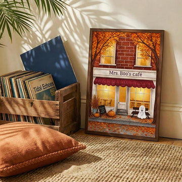 Dark framed Mrs. Boo's ghost cafe art beside records and an orange cushion