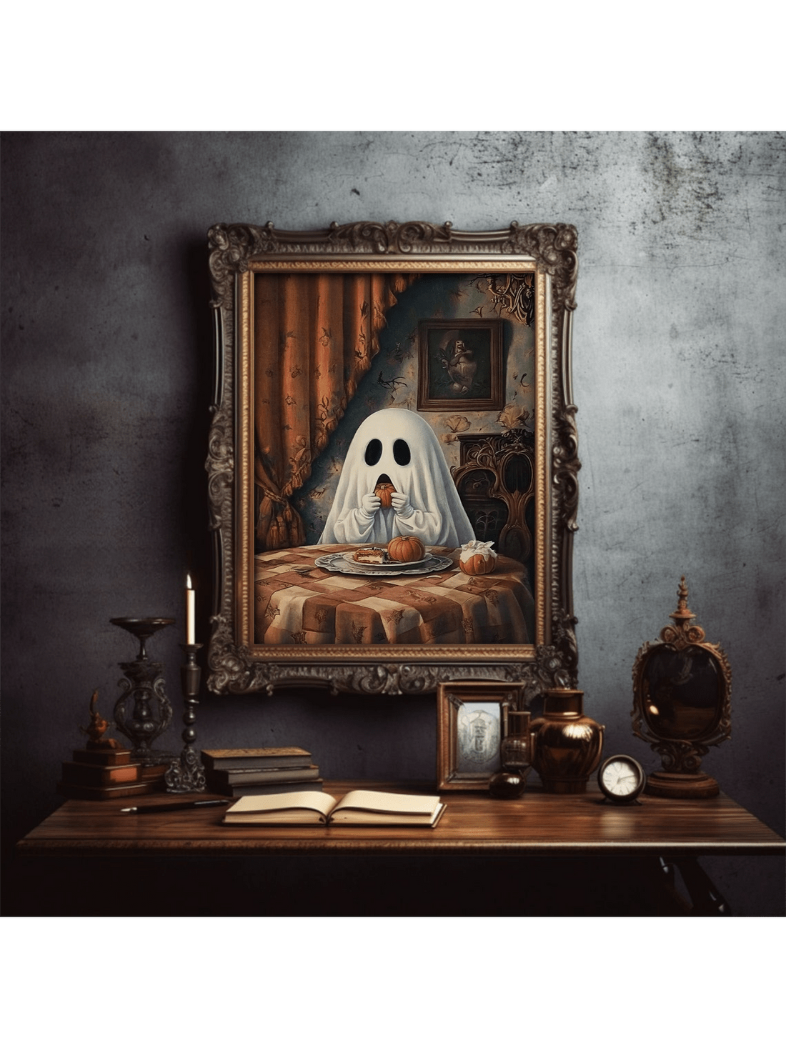 Add a charming vintage touch to your space with this Cute Ghost Eating Pumpkin Wall Art. Perfect for Halloween, it brings a playful yet nostalgic vibe to homes, college dorms, or offices. Crafted to evoke classic seasonal spirit, this piece enhances any room with subtle festive cheer while maintaining a timeless aesthetic. Ideal for those seeking tasteful holiday decor that blends whimsy with tradition.