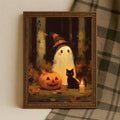 Whimsical witch-hat ghost and black cat Halloween art in an ornate frame mockup