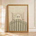 Cute Ghost In Bed Canvas poster with cozy vintage green stripes. Perfect for bedrooms, cottagecore spaces, Halloween decor, nurseries, and cozy interiors.