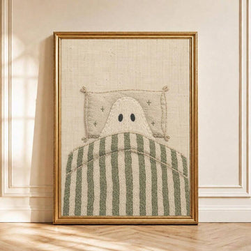 Cute Ghost In Bed Canvas poster with cozy vintage green stripes. Perfect for bedrooms, cottagecore spaces, Halloween decor, nurseries, and cozy interiors.