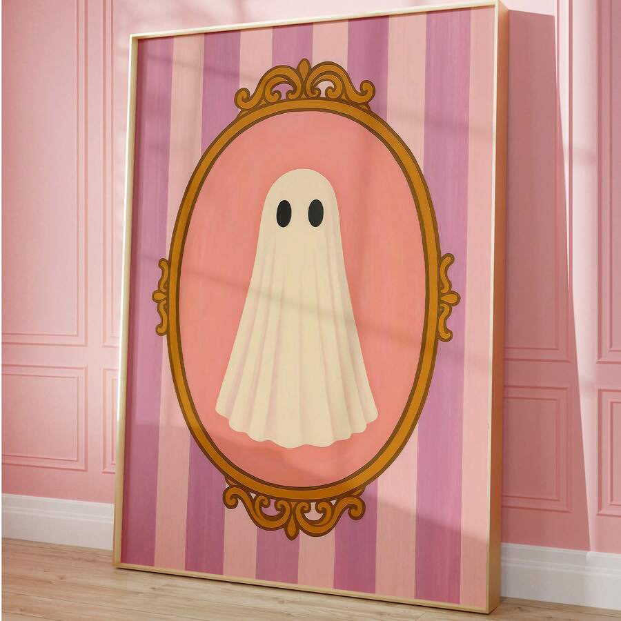 Cute pink striped ghost canvas poster in pastel room mockup