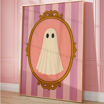 Cute pink striped ghost canvas poster in pastel room mockup