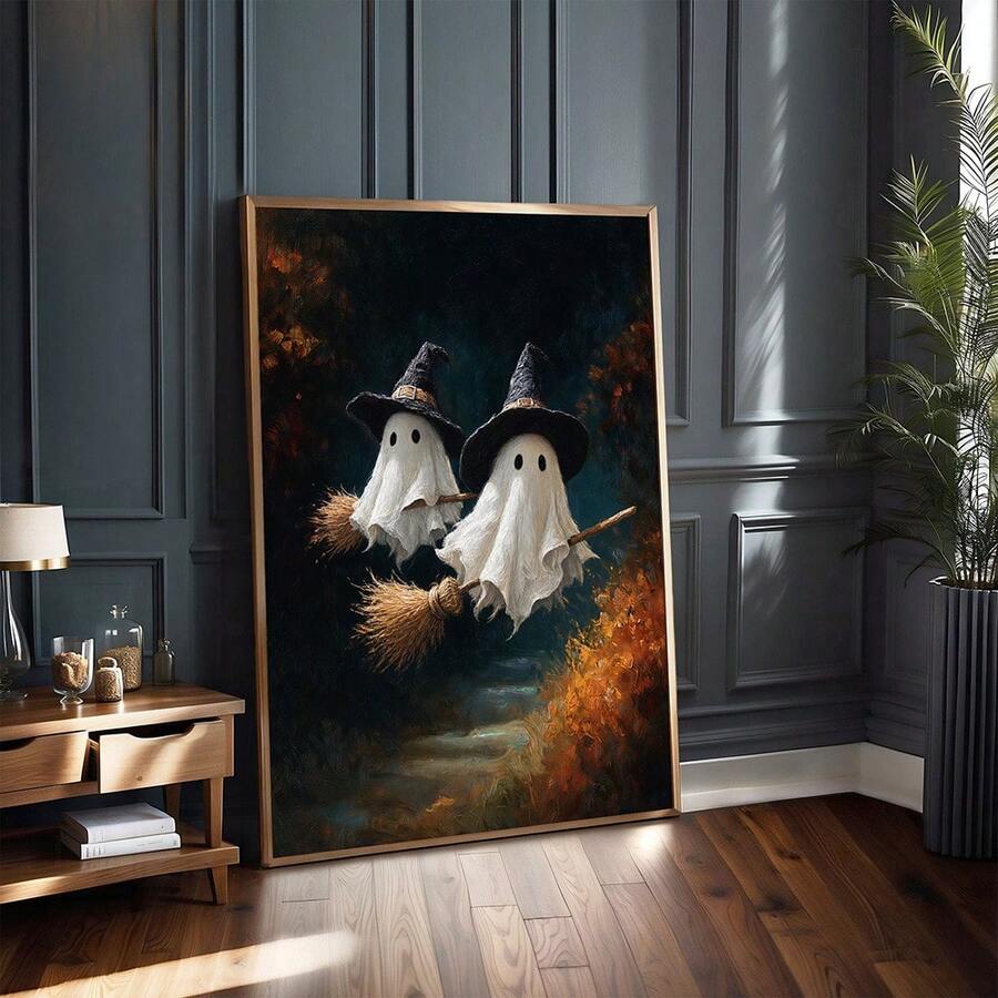 Two cute ghost witches with broomsticks Halloween art