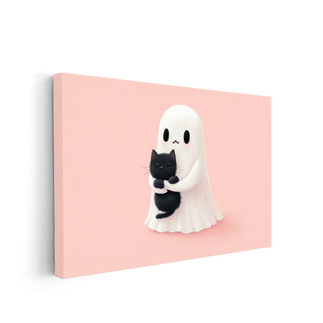 Cute Ghost and Black Cat Wall Art, Pink Background Canvas Print - For Living Room, Sofa Backdrop, Bedside Decoration, Home Decor