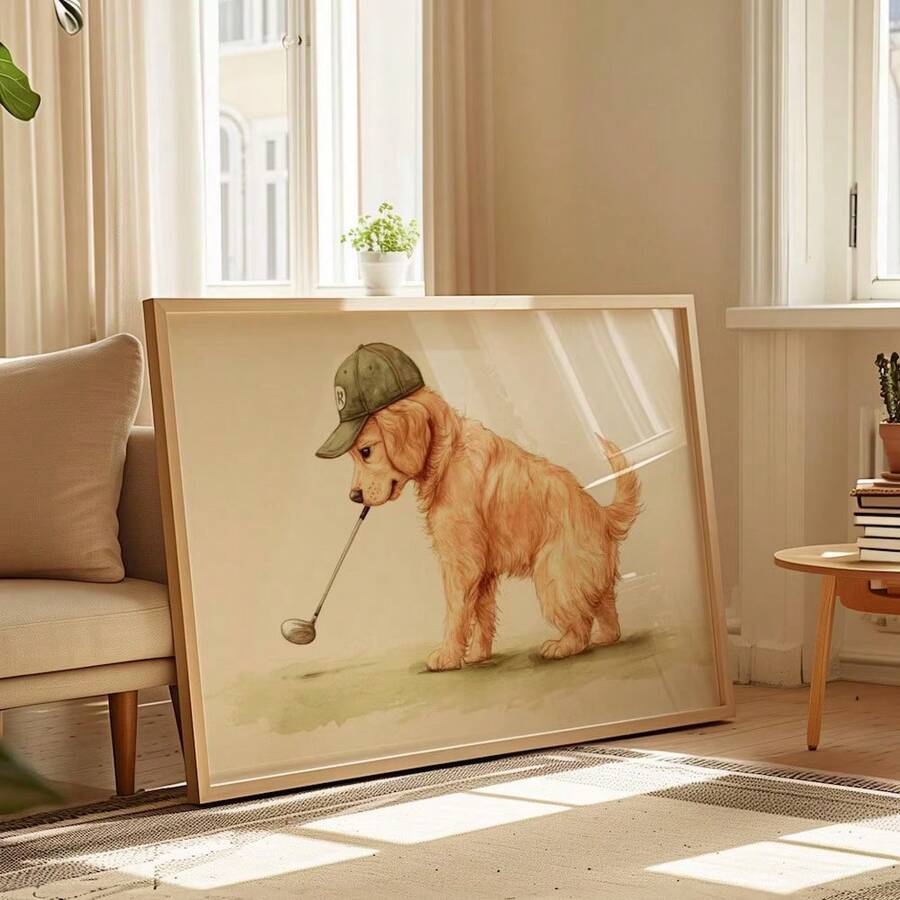Golden retriever in green cap holding golf club on canvas poster