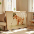 Funny vintage golfing dog wall art in warm ochre tones