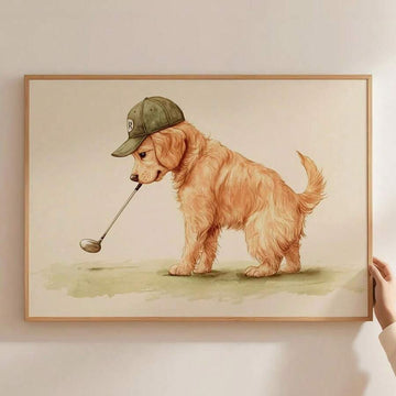 Golden retriever in green cap holding golf club on canvas poster