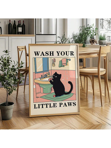 This expertly designed bathroom poster features an adorable green cat graphic with a gentle "Wash Your Paws" reminder, perfect for children's washrooms. The kawaii-inspired artwork combines playful aesthetics with practical hygiene education, encouraging proper handwashing habits through charming visuals that complement any bathroom decor. Printed on quality material for durability in humid environments.