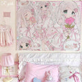 Kawaii anime pink wall tapestry with pastel girls bows lamb plush and flowers