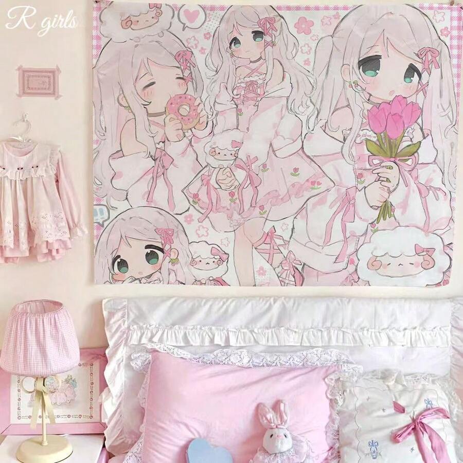 Kawaii anime pink wall tapestry with pastel girls bows lamb plush and flowers