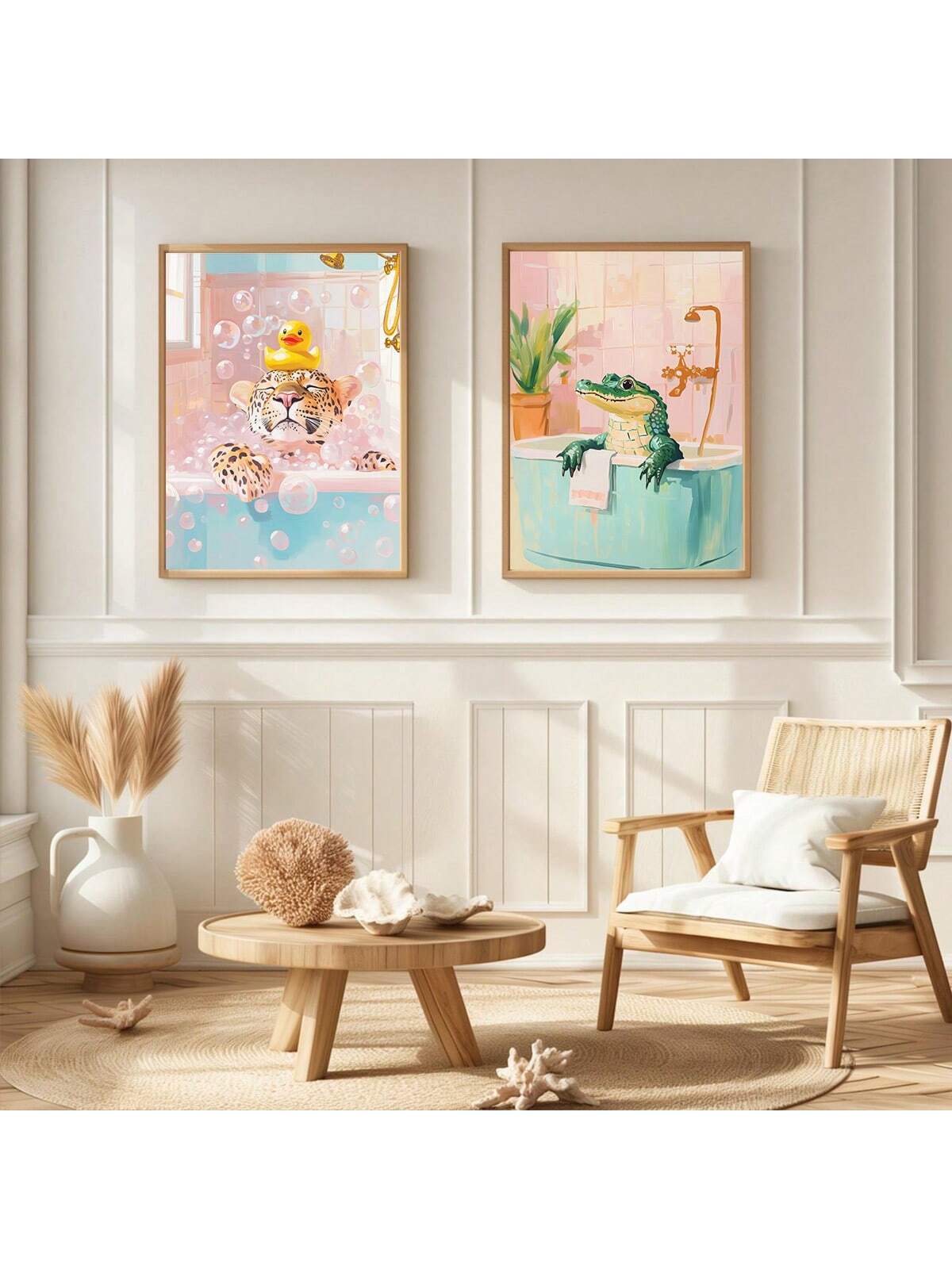 Add a playful yet sophisticated touch to your bathroom with this Cute Leopard and Alligator Poster Print Set. Featuring vibrant maximalist designs, these prints bring a fun, preppy vibe that elevates your wall decor. Perfectly sized for bathroom spaces, they combine bold animal motifs with stylish color palettes to create an eye-catching focal point. Durable and easy to frame, this set offers a unique way to refresh your space with personality and charm.