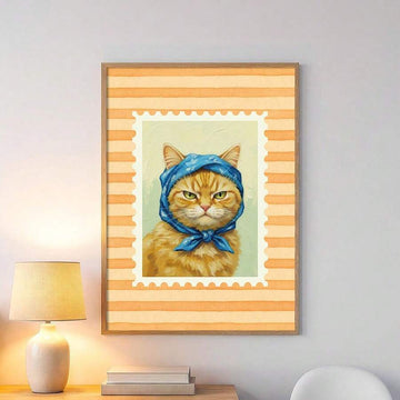 Orange tabby cat canvas poster with blue headscarf