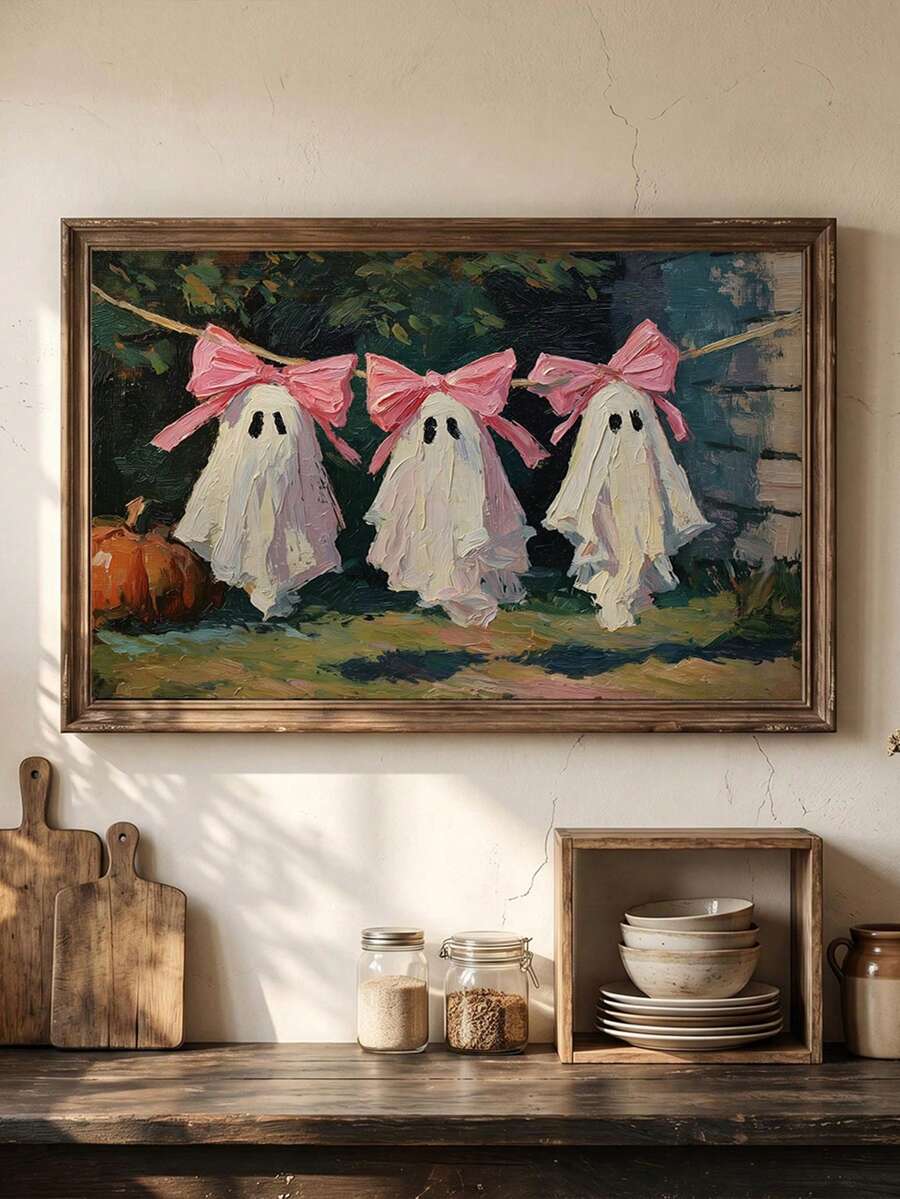 Pink bow clothesline ghost canvas poster styled in a bright kitchen