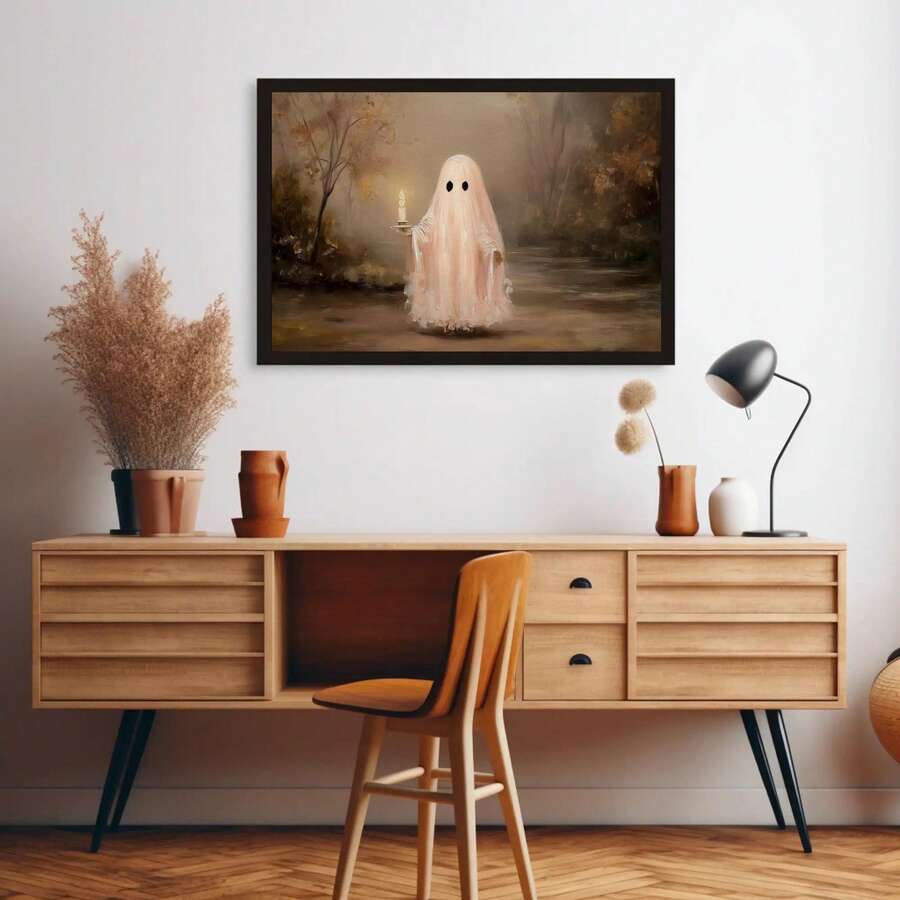 Framed pink ghost holding a candle in a misty woodland above a home office desk