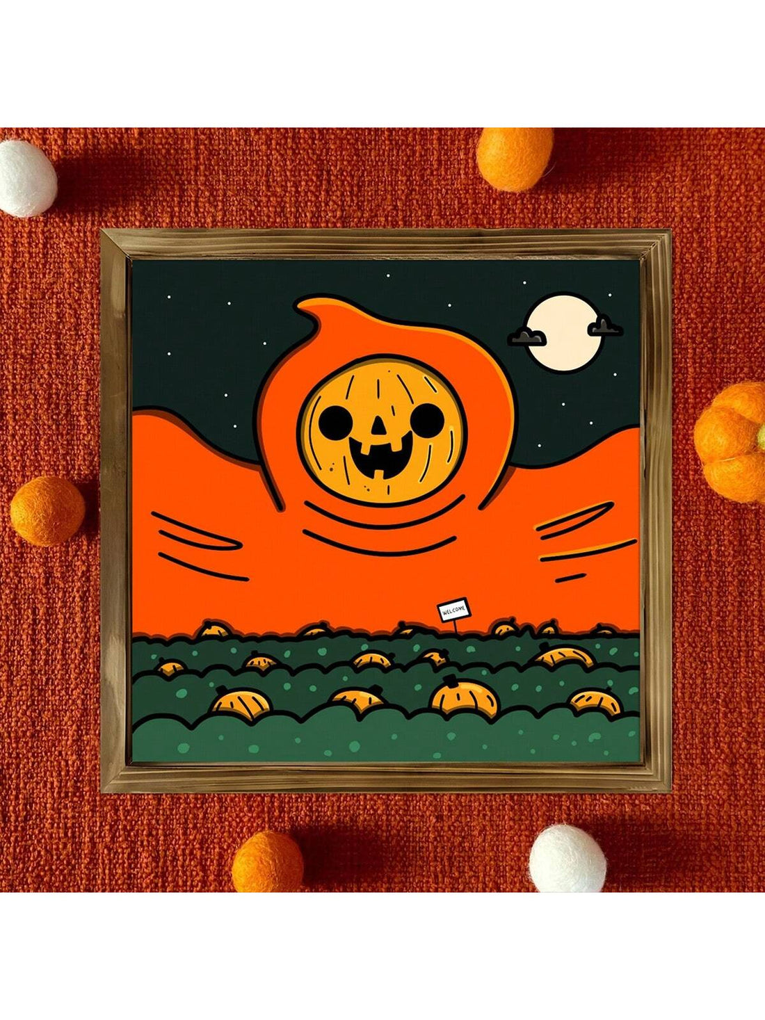 Celebrate the charm of autumn with this Cute Pumpkin Spirit Art Print, expertly framed to enhance your Halloween decor. Perfect for creating a cozy fall atmosphere, this art piece blends festive spirit with warm, inviting aesthetics. Its detailed design and quality framing make it an ideal addition to any seasonal display, bringing a touch of whimsy and comfort to your home.