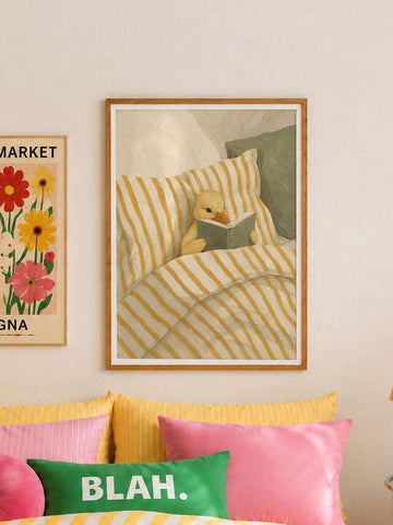 Cute Reading Yellow Duck Cartoon Canvas Poster 