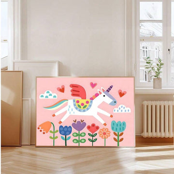 Unicorn nursery wall art with cute unicorn rainbow mane flowers and hearts