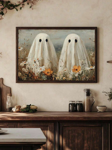 Two white ghosts among wildflowers framed above a rustic kitchen counter