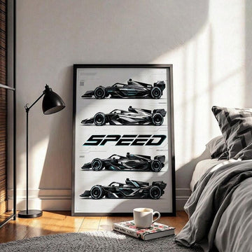Black framed SPEED race car artwork beside a sunlit bedroom