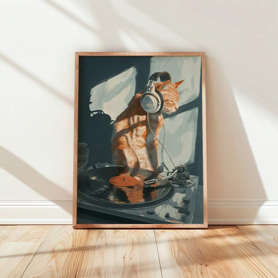 DJ cat canvas poster leaning on white wall