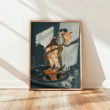 DJ cat canvas poster leaning on white wall