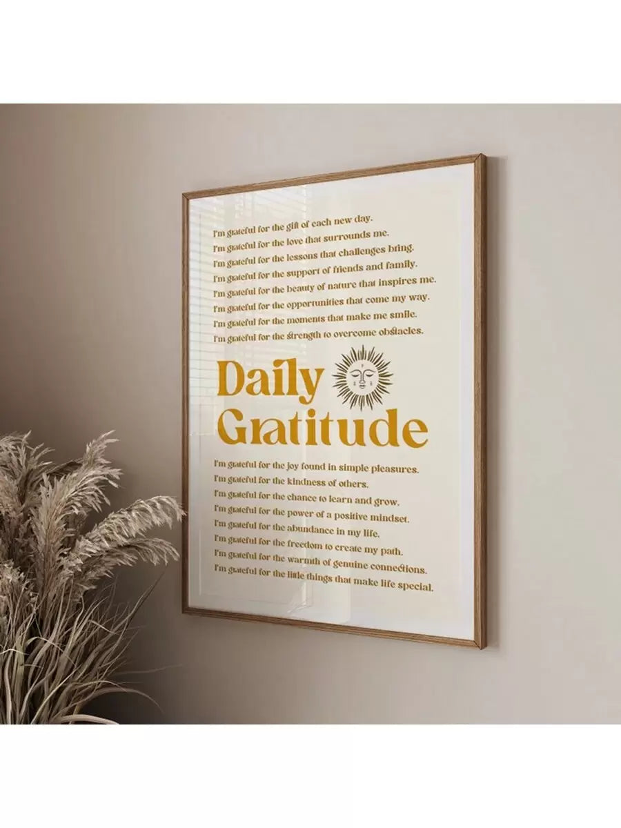 Framed Daily Gratitude quote canvas with mustard typography on neutral wall