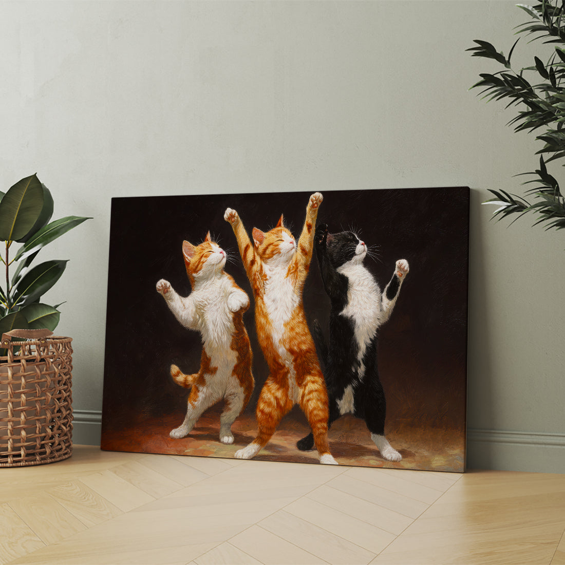 Add a playful and charming touch to your living space with this Dancing Cats Canvas Wall Art. Featuring vibrant orange and black cats in whimsical poses, this print brings humor and warmth to any room. Perfect for living rooms, sofa backdrops, or bedside decoration, it enhances your home decor with a unique and lively character. Crafted on high-quality canvas, it offers durability and vivid color retention for lasting enjoyment.