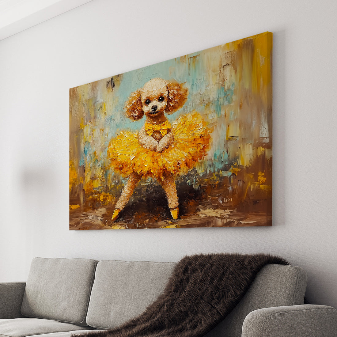 Add a touch of whimsy and elegance to any room with our Dancing Poodle Canvas Wall Art. This charming piece features a yellow tutu-clad poodle, adding a playful yet sophisticated touch to your living room, sofa backdrop, bedside, or any other space in your home. Perfect for dog lovers and art enthusiasts alike.