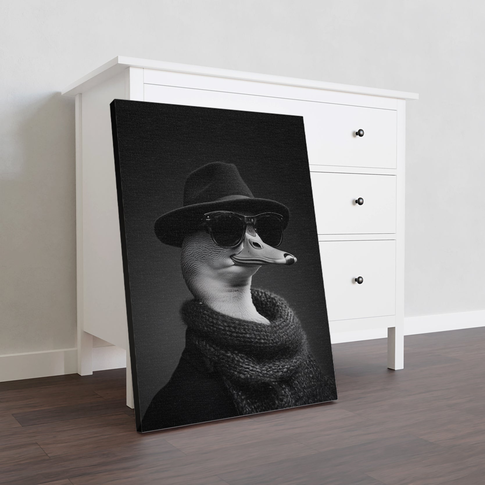 This Dapper Duck in Hat and Sunglasses Canvas Wall Art adds a touch of whimsy to any living room, sofa backdrop, or bedside decoration. Made from durable canvas, it features a dapper duck donning a hat and sunglasses, adding a playful element to your home decor. A must-have for any animal lover or art enthusiast.