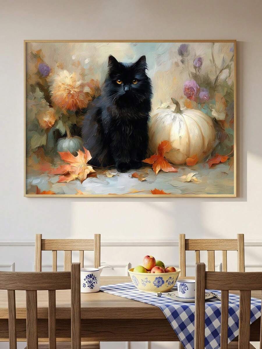 Black cat and white pumpkin vintage floral artwork in light wood frame above dining table