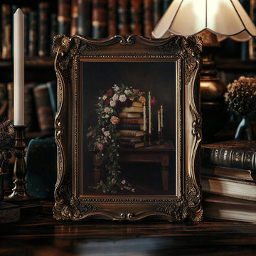 front framed view of Dark academia still life wall art showing stacked antique books, roses, lit taper candles, warm gold tones and moody Victorian library styling.