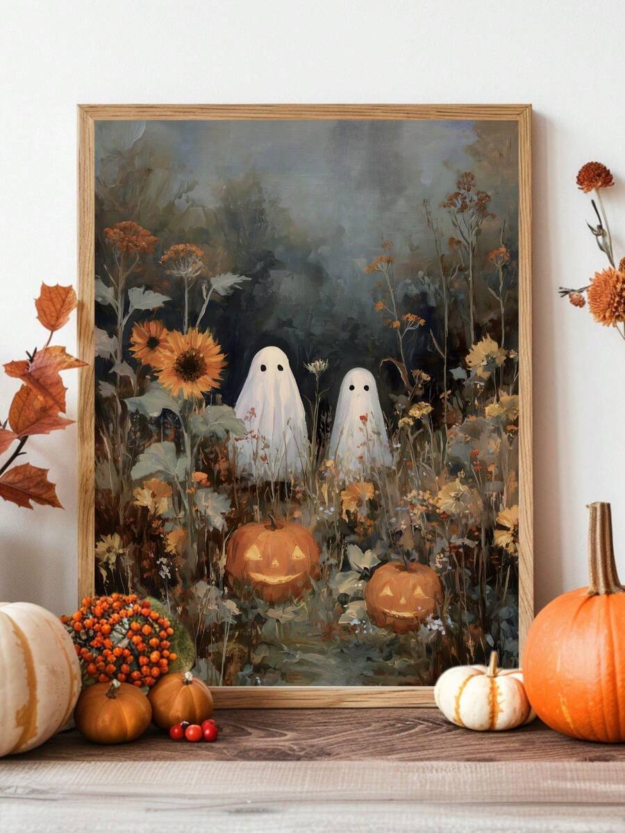 Framed canvas showing two sheet ghosts among orange sunflowers and glowing pumpkins