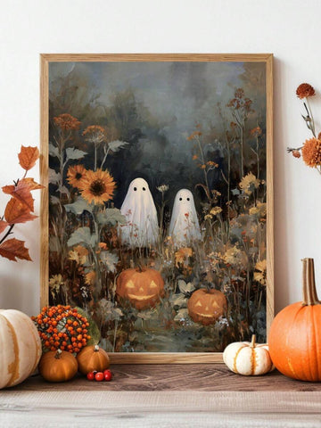 Framed canvas showing two sheet ghosts among orange sunflowers and glowing pumpkins