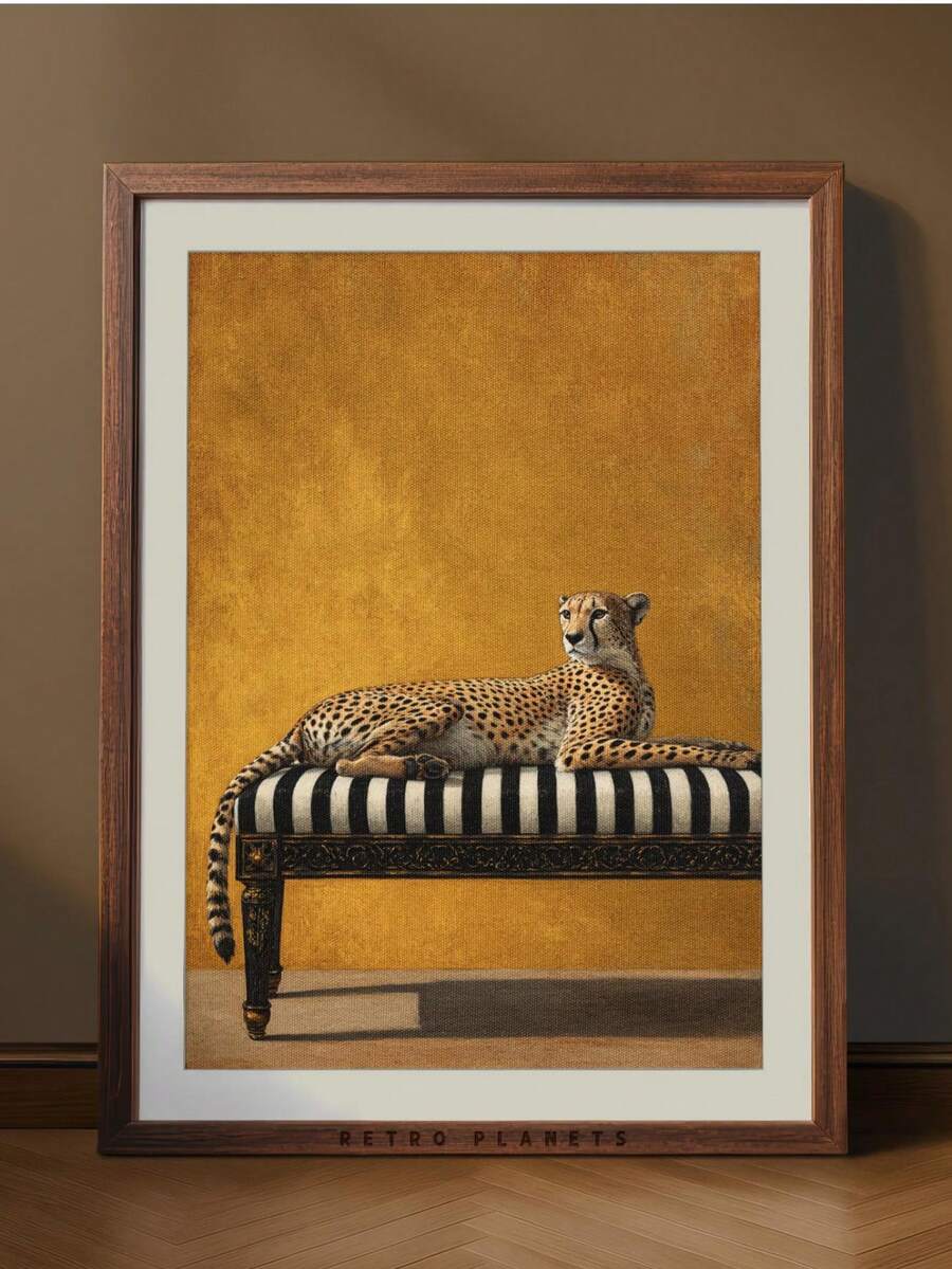 Dark Academia Vintage Leopard on Striped Bench Canvas Poster