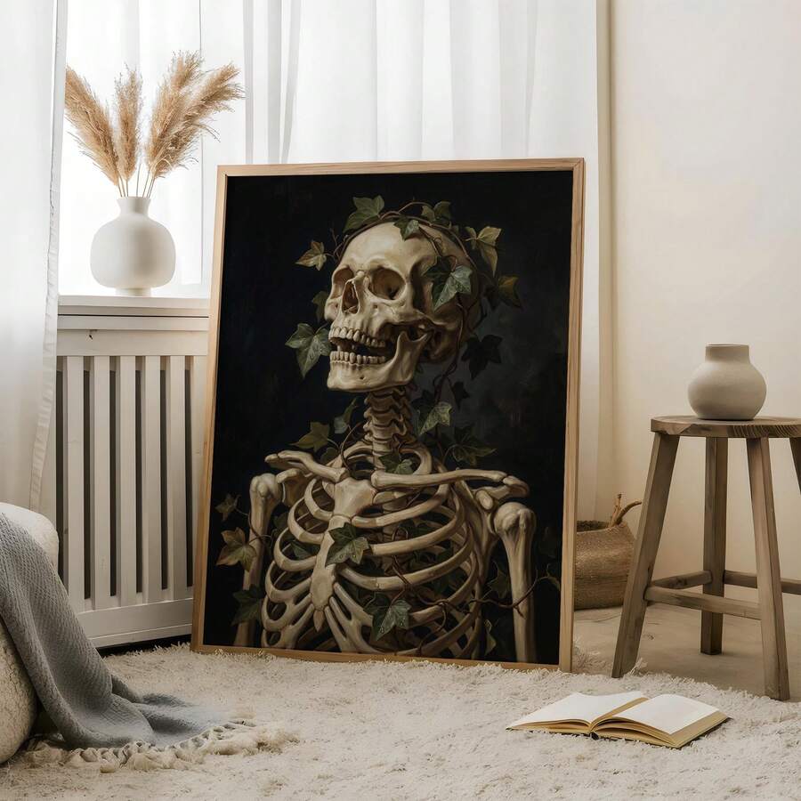 Dark academia vintage skull and ivy oil painting canvas poster