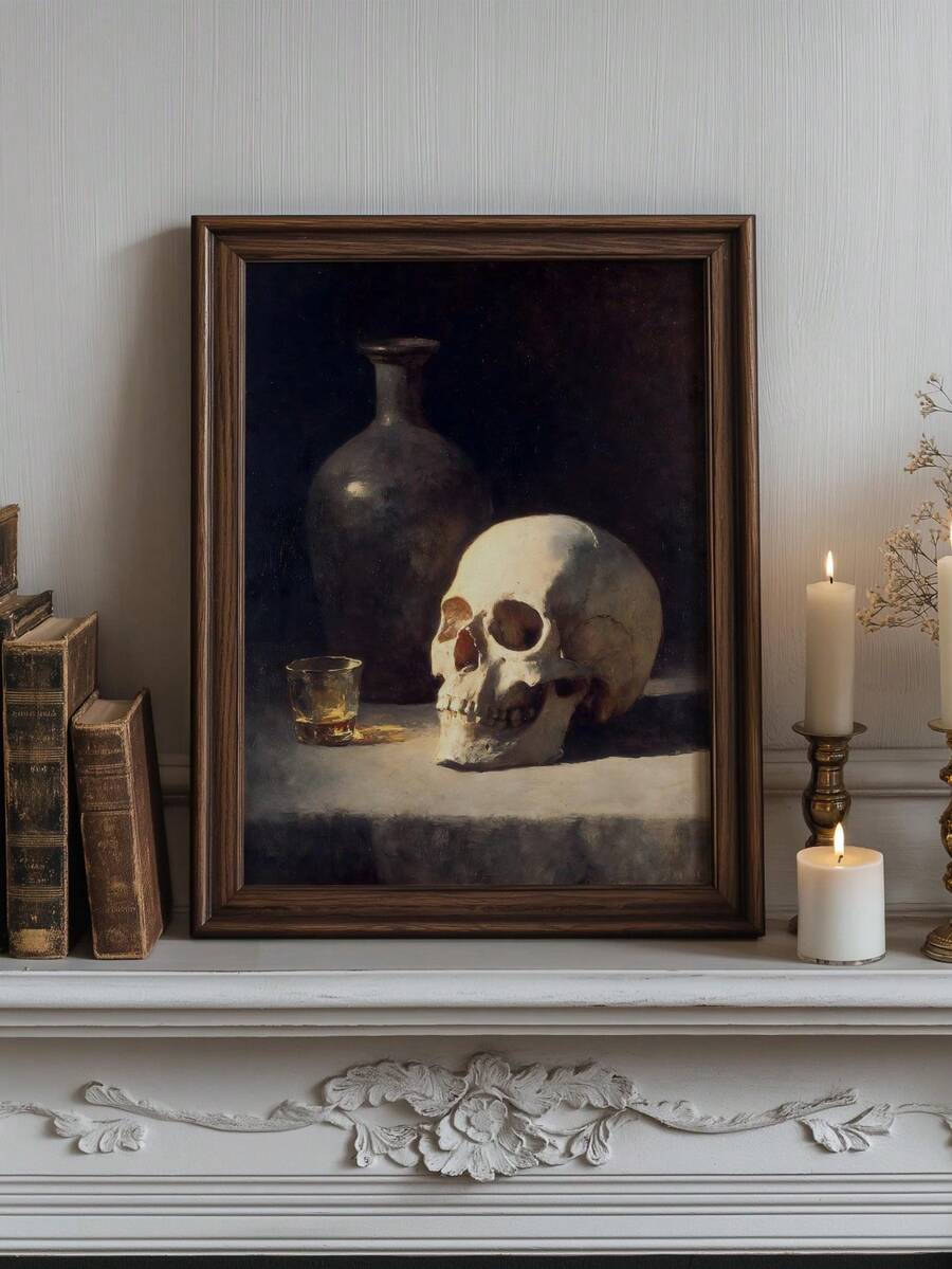 Gothic skull whiskey bottle vanitas canvas poster