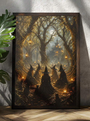Moonlit witch coven and black cats gothic forest canvas poster