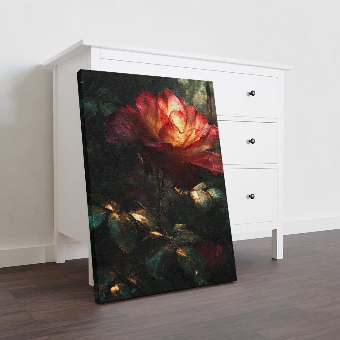 Transform your space with this striking dark floral canvas art featuring a dramatic crimson rose against a deep black background. The gothic botanical design brings sophisticated elegance and moody atmosphere to any room—perfect for living areas, bedroom walls, or above sofas seeking bold visual impact. This high-quality canvas print combines contemporary edge with timeless floral beauty, creating a focal point that complements both modern and eclectic interiors. 