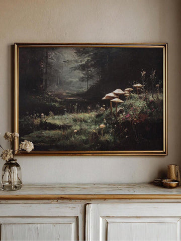 Gold framed mushroom forest wall art above a wood dining room sideboard