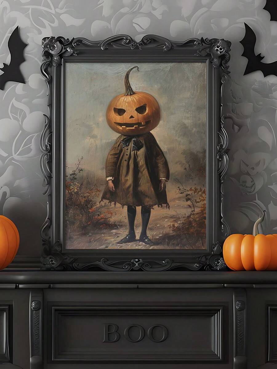 Dark Gothic Jack O Lantern Pumpkin Head Girl Canvas poster with dramatic Halloween fantasy style. Perfect for gothic, witchcore, autumn, and spooky decor.