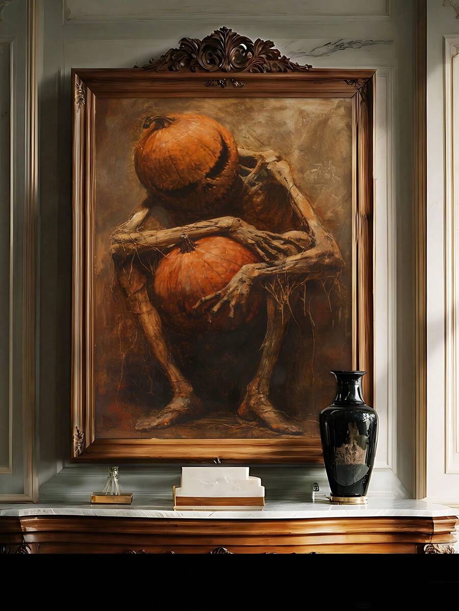 Dark Gothic Jack O Lantern Pumpkin Head Girl Canvas poster with dramatic Halloween fantasy style. Perfect for gothic, witchcore, autumn, and spooky decor.