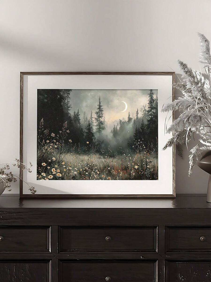 Crescent moon over misty forest and wildflower meadow wall art