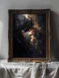Bring cinematic romance and gothic character to your space with this dark romance wall art, portraying an intimate couple in a dramatic near-kiss. Painterly texture, deep black and charcoal tones, bronze and muted gold accents, and warm skin tones create a moody focal point with the atmosphere of a vintage oil painting. 
