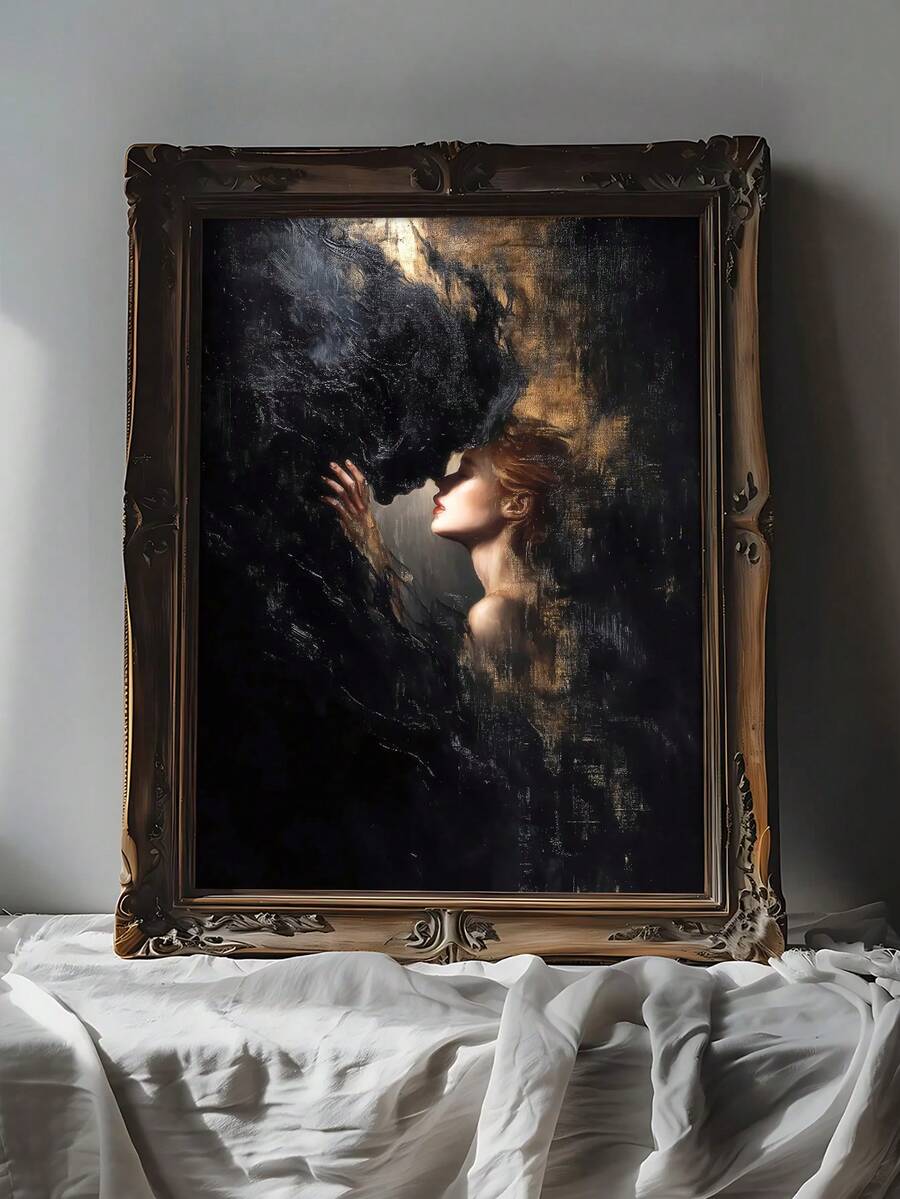 Bring cinematic romance and gothic character to your space with this dark romance wall art, portraying an intimate couple in a dramatic near-kiss. Painterly texture, deep black and charcoal tones, bronze and muted gold accents, and warm skin tones create a moody focal point with the atmosphere of a vintage oil painting. 