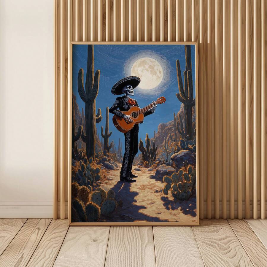 Framed skeleton mariachi guitarist canvas poster beneath a full moon among desert cacti in a warm wood interior