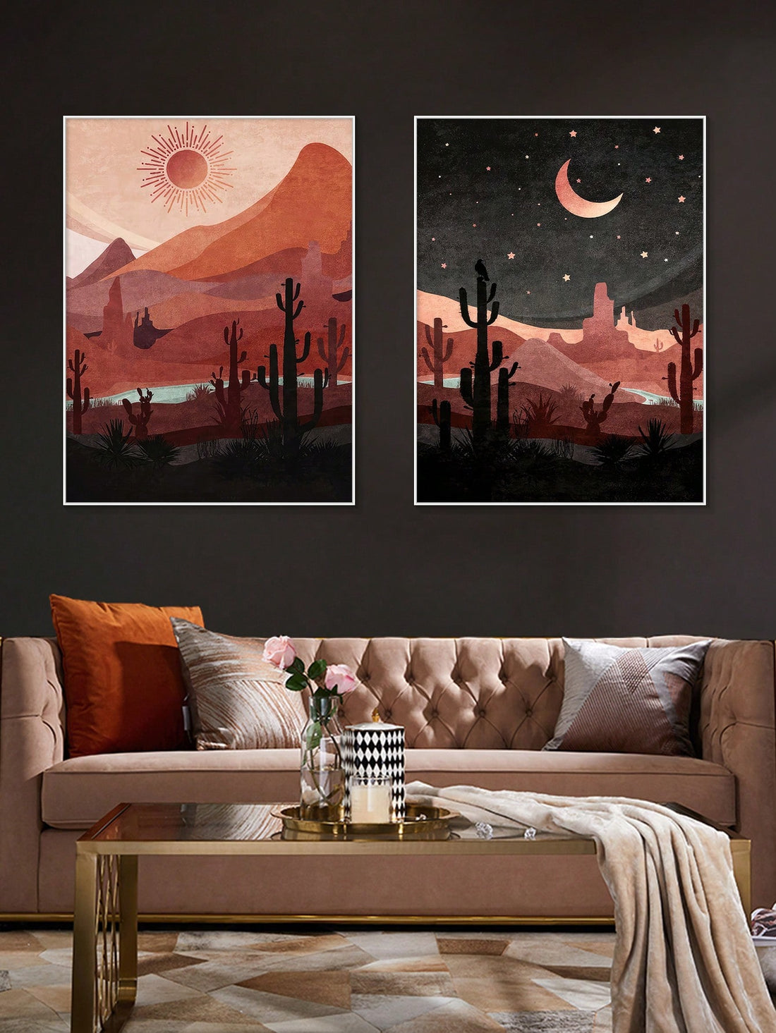Elevate your home decor with Desert Dreams: 2-Piece Canvas Wall Art Set, featuring Boho-inspired sun and moon cactus prints. These stylish pieces will bring a touch of nature and tranquility to any room. Made with high-quality canvas, this set is the perfect addition for any design savvy individual.