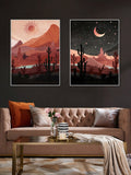 Elevate your home decor with Desert Dreams: 2-Piece Canvas Wall Art Set, featuring Boho-inspired sun and moon cactus prints. These stylish pieces will bring a touch of nature and tranquility to any room. Made with high-quality canvas, this set is the perfect addition for any design savvy individual.