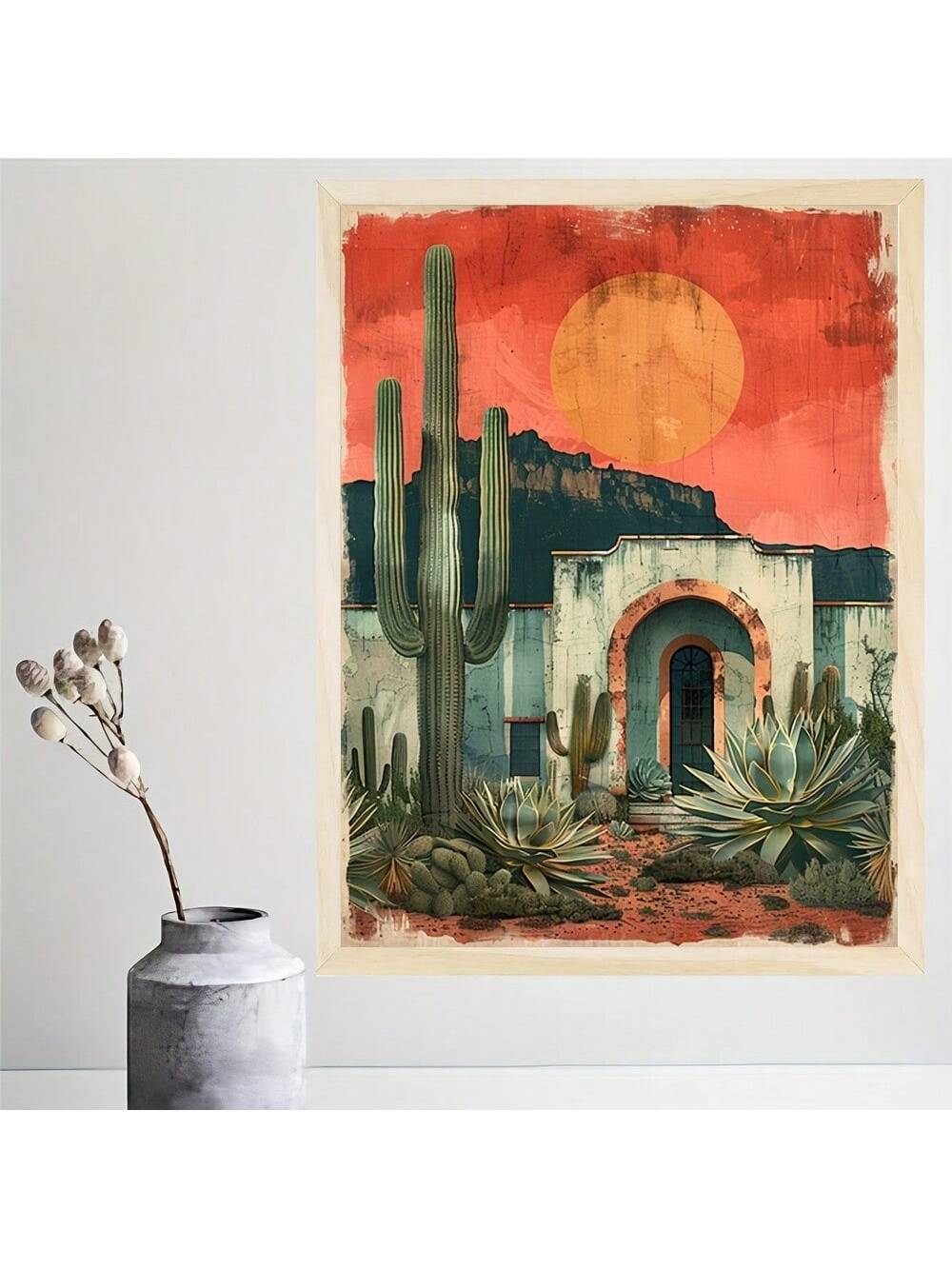 Experience the natural beauty of a desert oasis with our Rustic Home and Cacti Canvas Art. Featuring a vibrant sunset, this handcrafted piece brings a touch of warmth and tranquility to any living space. Embrace the serenity and elegance of the desert landscape in the comfort of your own home.